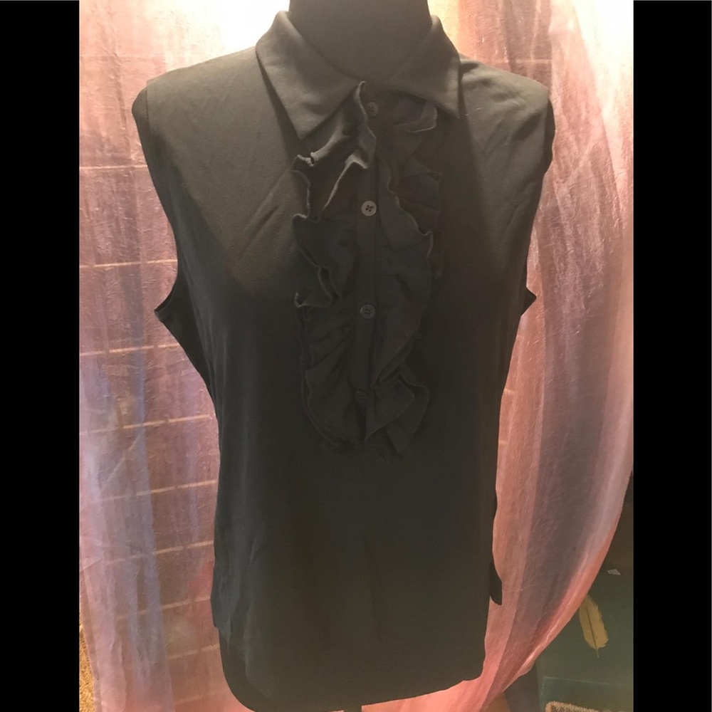 DKNY Black Ruffle‎ Sleeveless Button Top